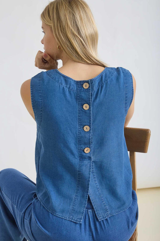 Chambray Back Half Button Top