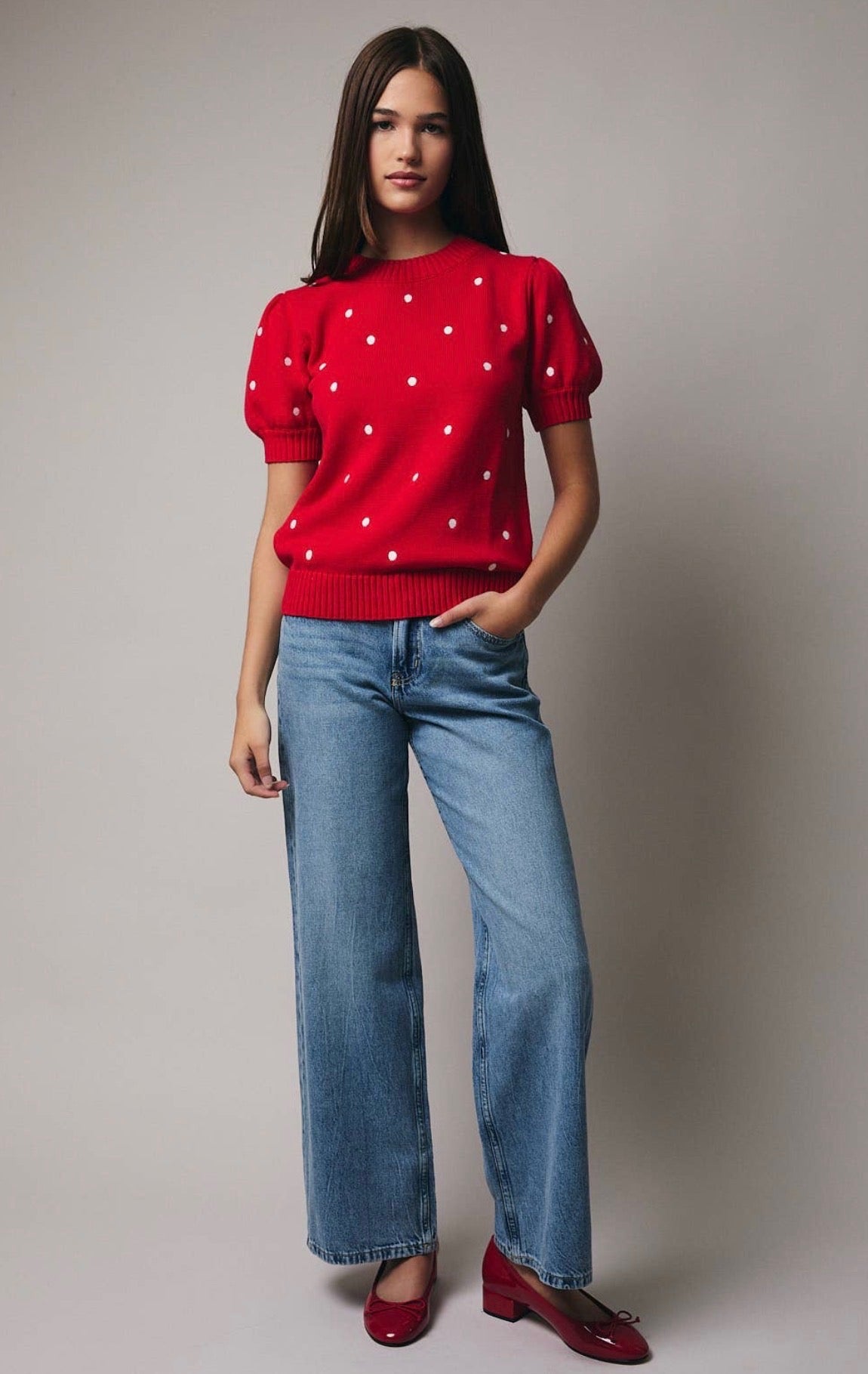 Short Sleeve Polka Dot Embroidered Sweater