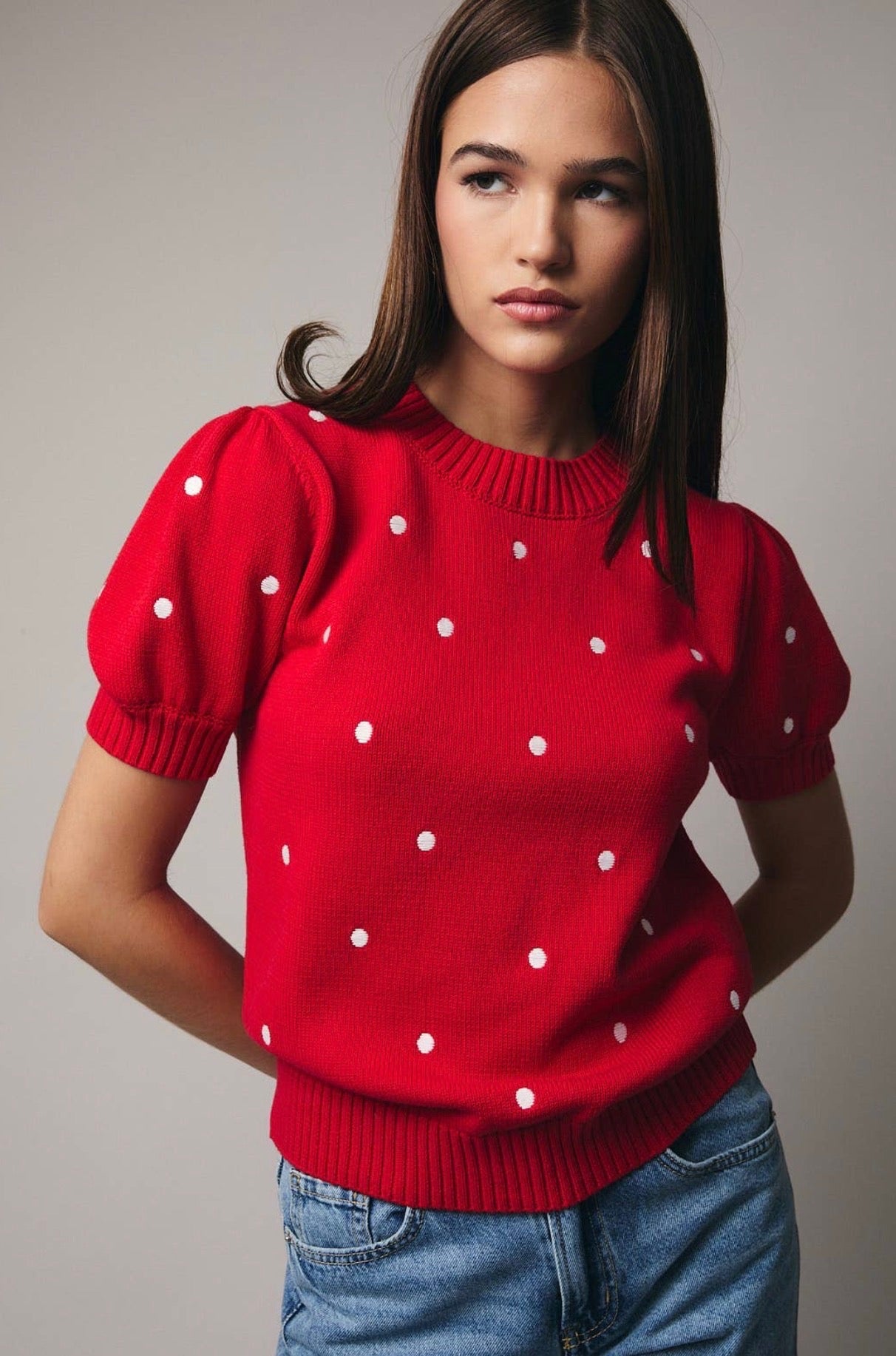 Short Sleeve Polka Dot Embroidered Sweater