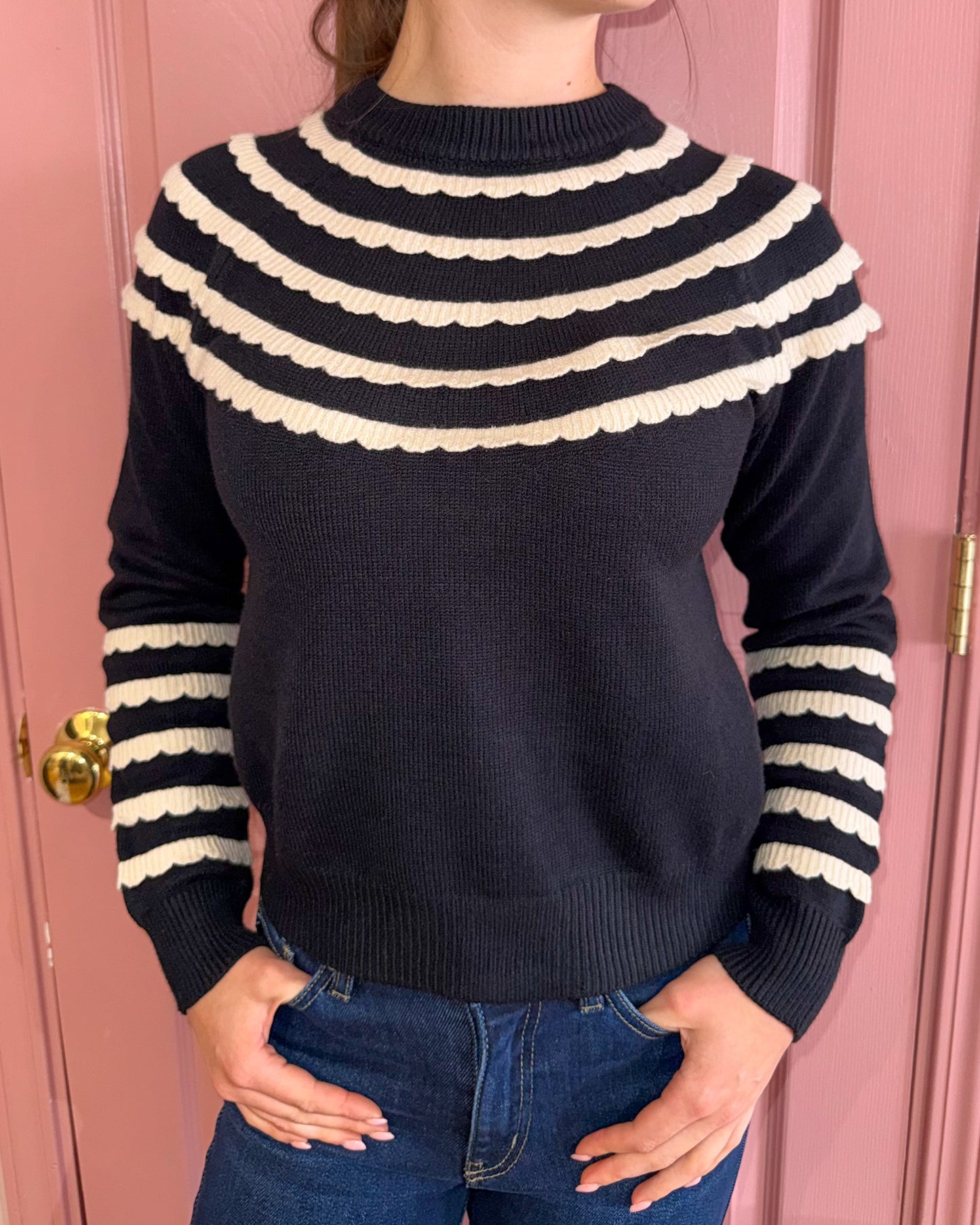 Clare Scalloped Trim Sweater - Black