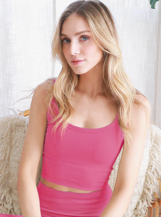Chevron Ribbed Crop Top - Pink Cosmo