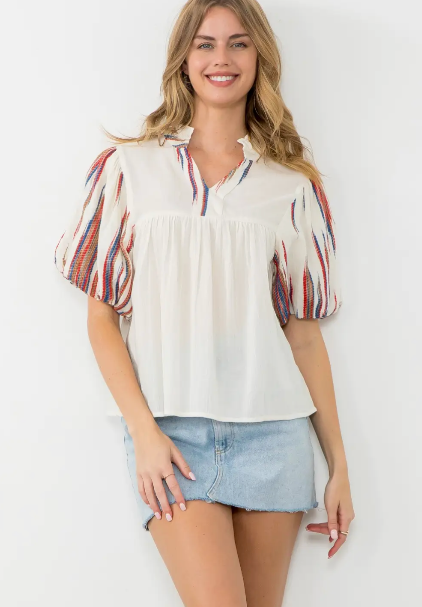 THML Embroidered Puff Sleeve Top