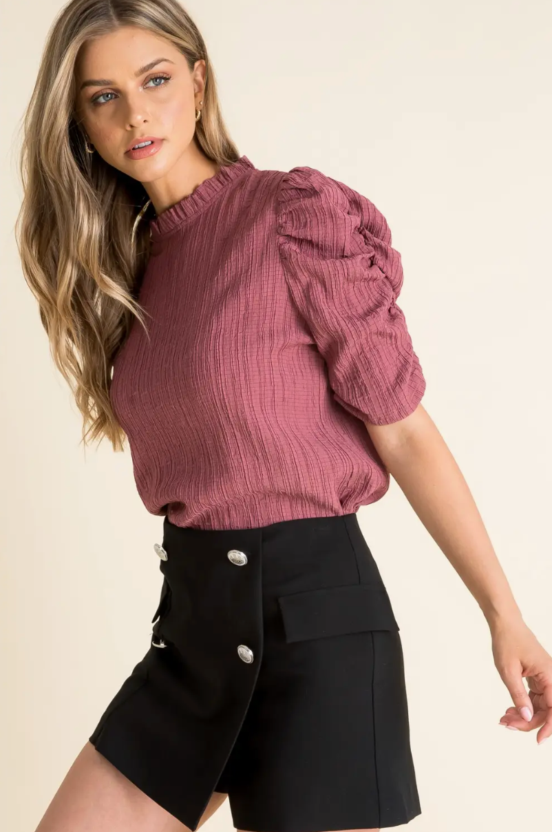 THML Mauve Ruched Sleeve Textured Top