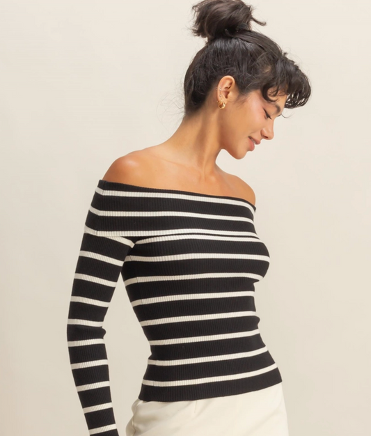 Striped Off-Shoulder Knit Sweater