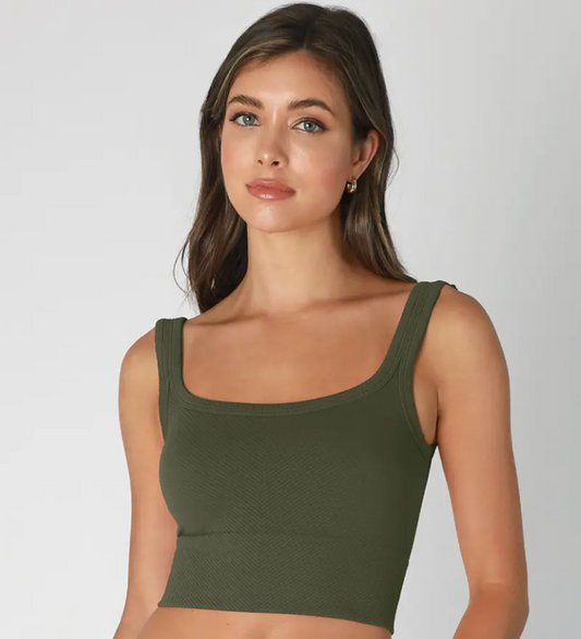 Chevron Ribbed Crop Top -Kombu Green