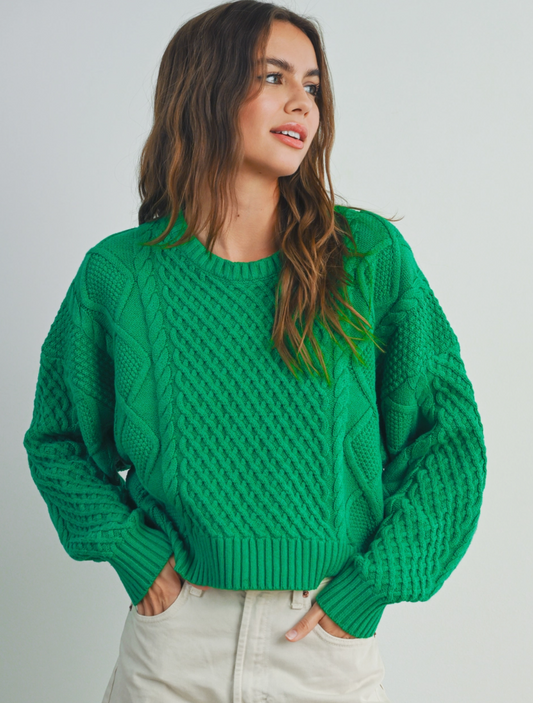 Gracie Cable Knit-Sweater - Vibrant Green