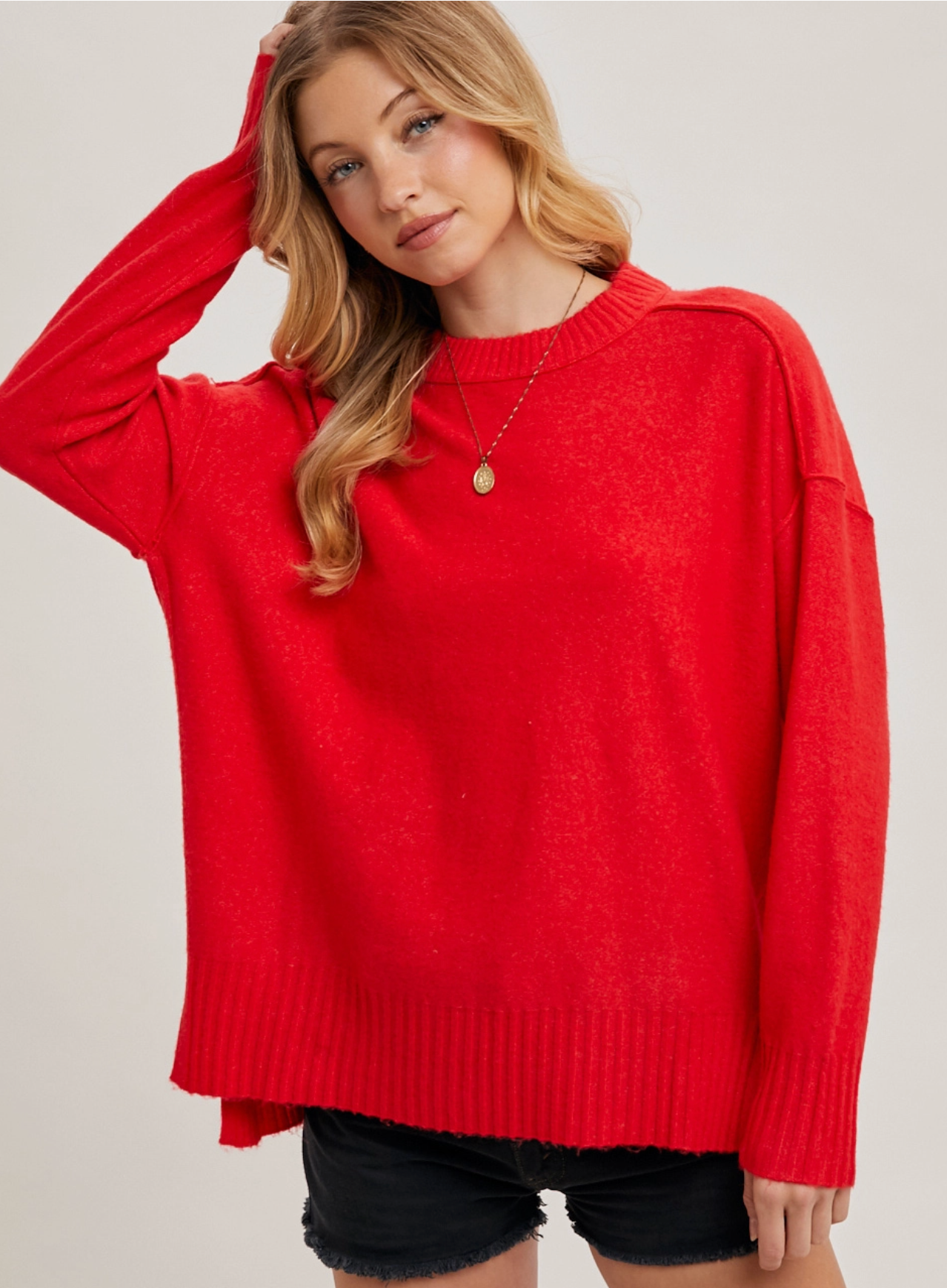 Crew Neck Knit Sweater - Red