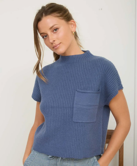 Patch Pocket Ribbed Knit Sweater - Blue