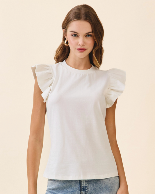Ruffled Flutter Sleeve Top - White