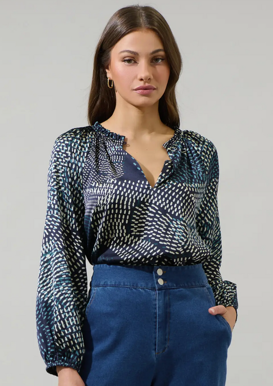 Kirby Geometric Split Neck Satin Raglan Blouse