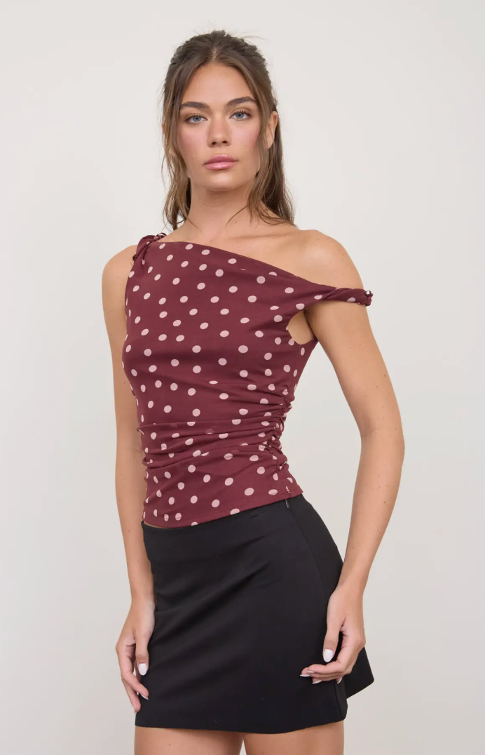Cherry Burgundy Polka Dot Twist Top