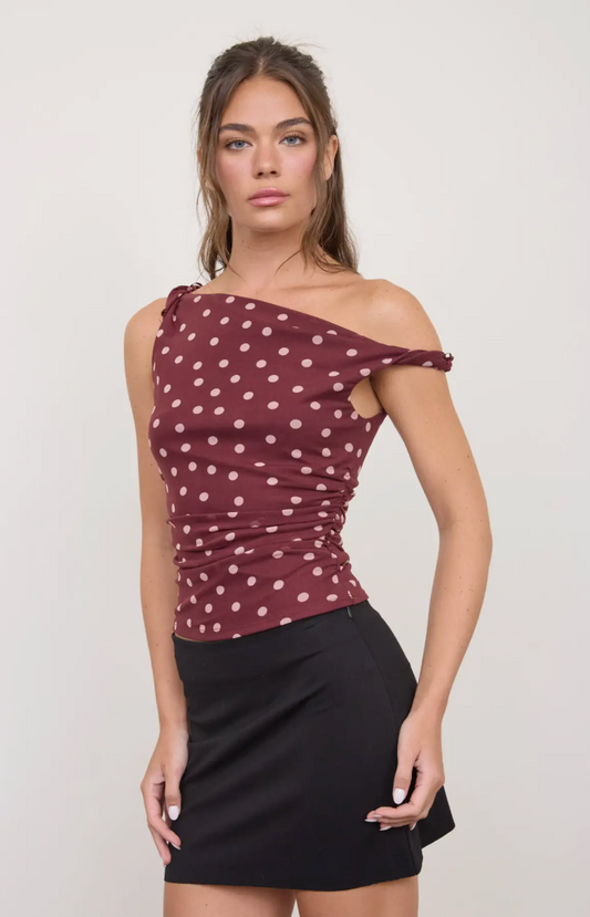 Cherry Burgundy Polka Dot Twist Top