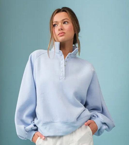 Piper Snap Button Collared Sweatshirt - Sky Blue