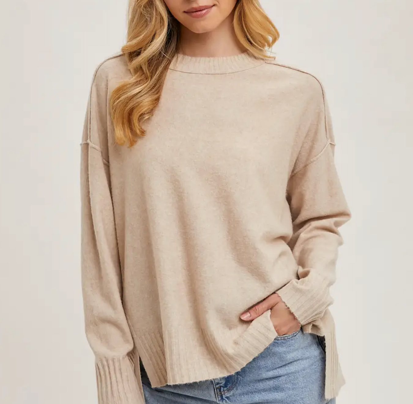 Crew Neck Knit Sweater - Beige