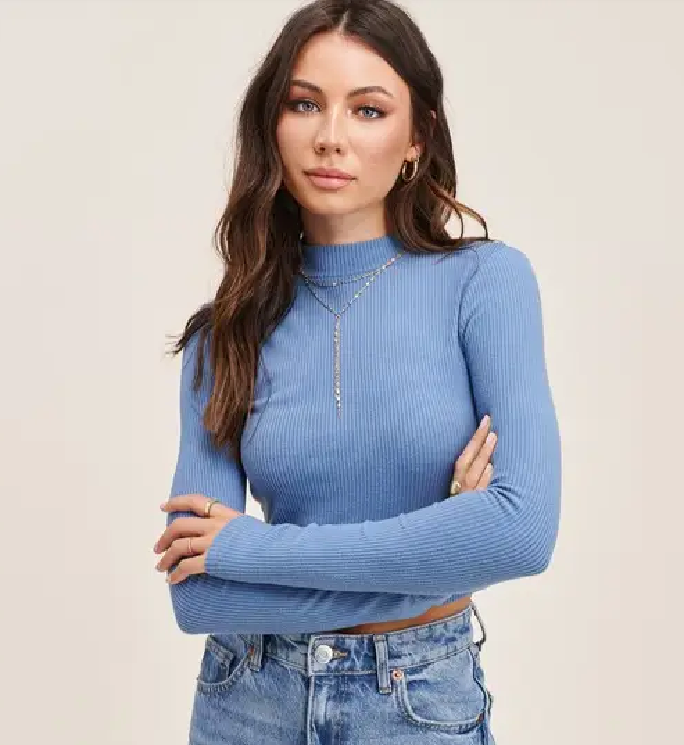 Soft Ribbed Long Sleeve Top - Steel Blue