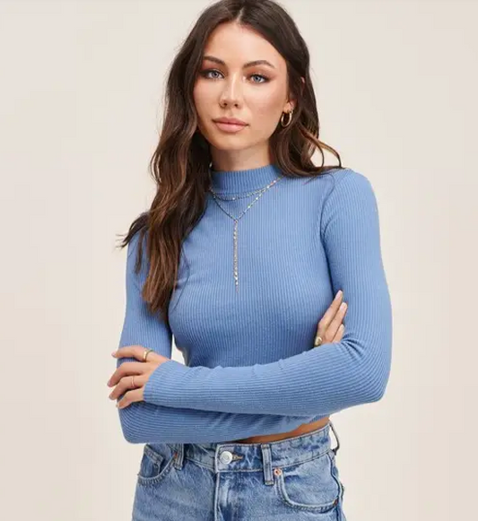 Soft Ribbed Long Sleeve Top - Steel Blue