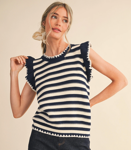 Striped Flutter Sleeve Sweater - Navy/Cream