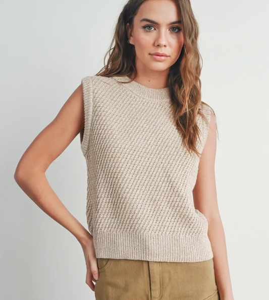 Sleeveless Crew Neck Sweater Knit Vest- Taupe