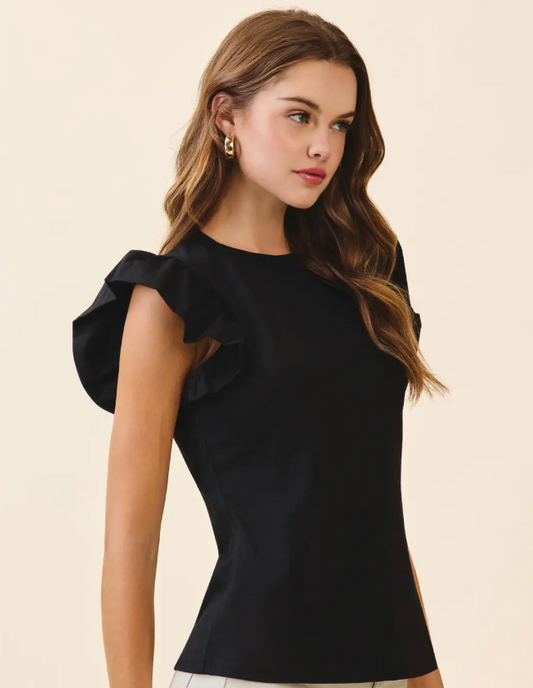Ruffled Flutter Sleeve Top - Black