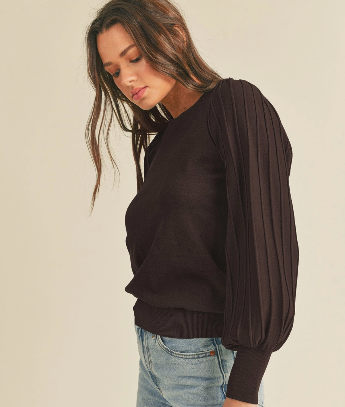 Textured Puff Sleeve Sweater -  Chocolate