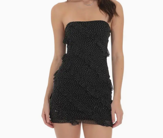 Black Rhinestone Ruffle Dress