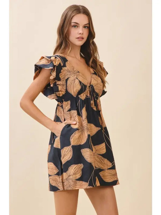 Floral Print Plunging V Neck Empire Waist Dress