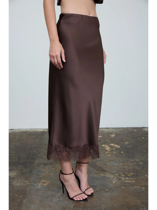 Chocolate Satin Lace Trim Skirt