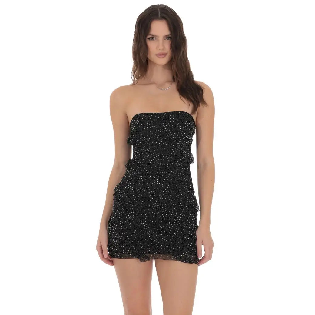 Black Rhinestone Ruffle Dress