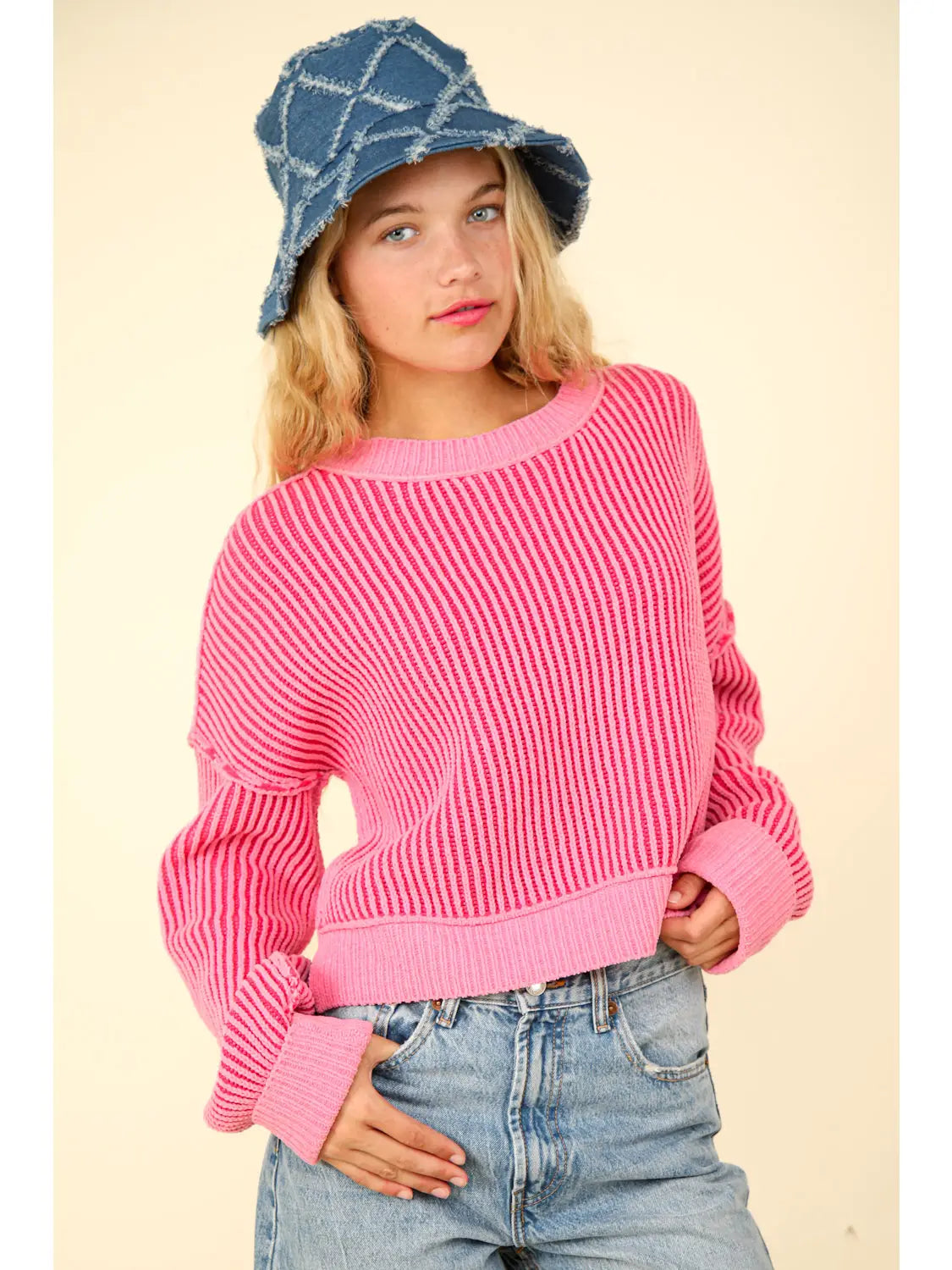 Two Tone Striped Casual Sweater - Pink