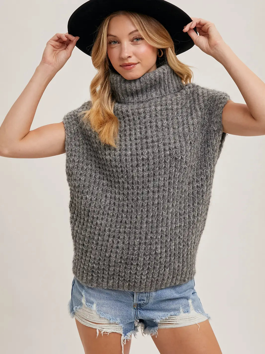 Turtleneck Waffle Knit Vest Sweater-Charcoal