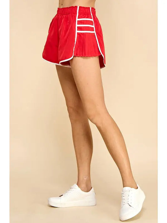 Athletic Side Pleated Detail Shorts-Red