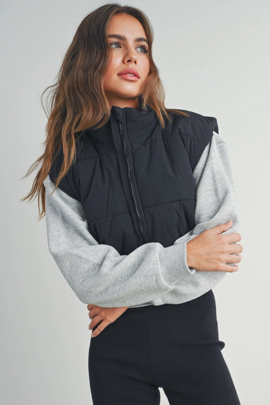 Zip-Up Crop Puffer Fall Vest - Black