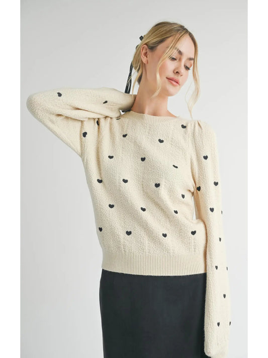 Heart Eyes Embroidered Sweater: Cream