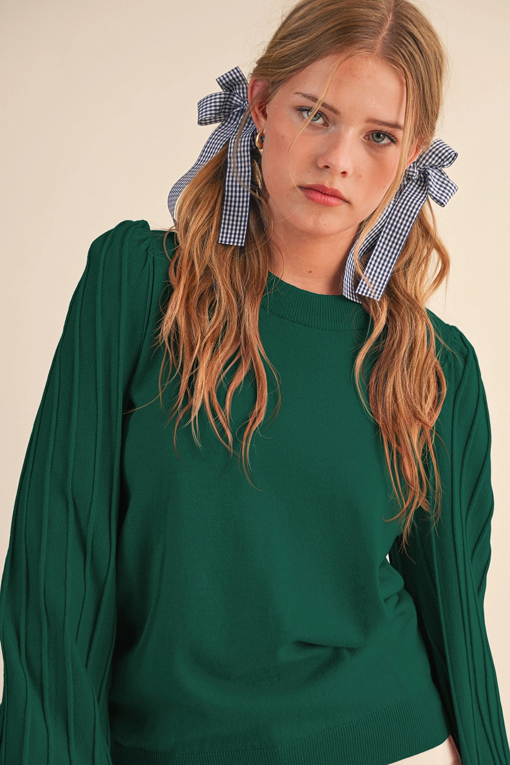 Textured Puff Sleeve Sweater -  Green