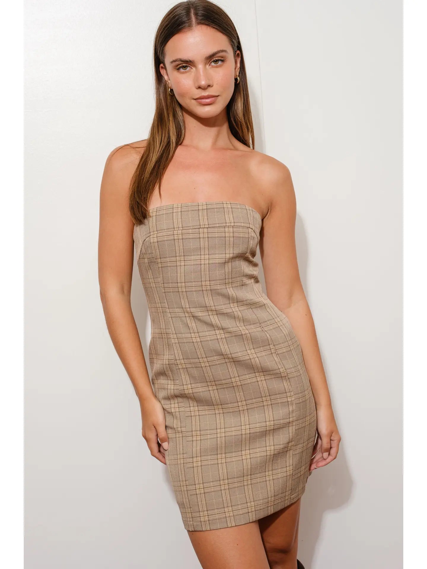 Plaid Strapless Mini Dress-Brown