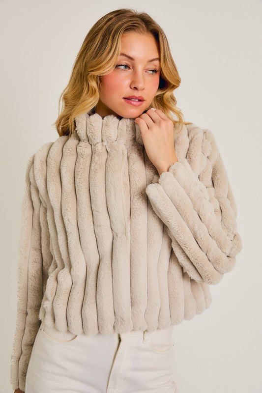 Faux Crop Fur Jacket-Beige