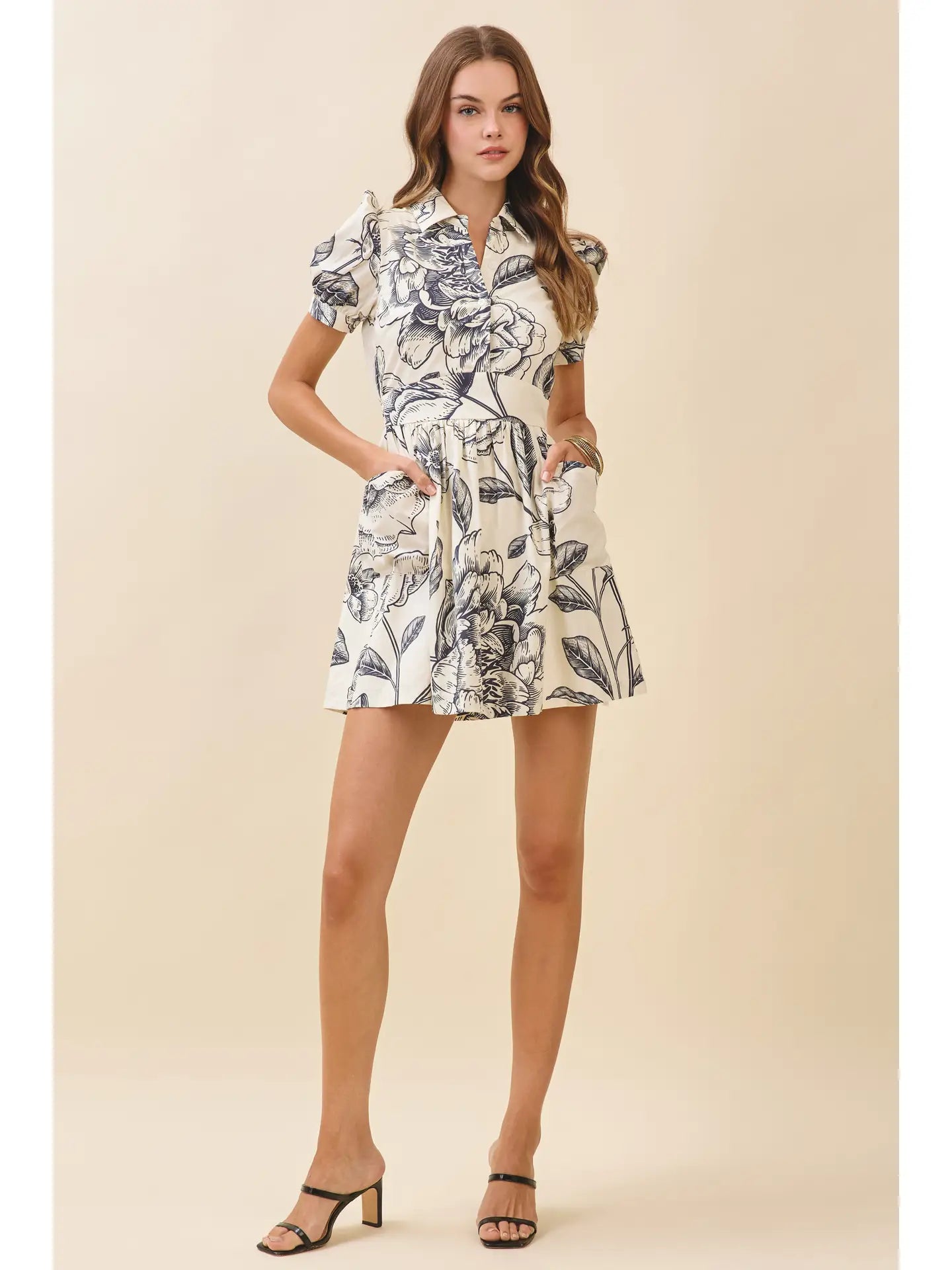 Floral Print Collared Neckline Dress With Pockets