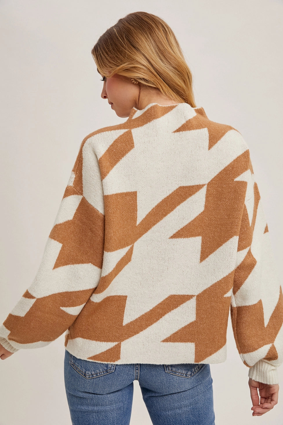 Houndstooth Mock Neck Loose Fit Knit Sweater