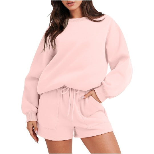 Sporty Crewneck Sweatshirt Tethered Shorts Set-Pink