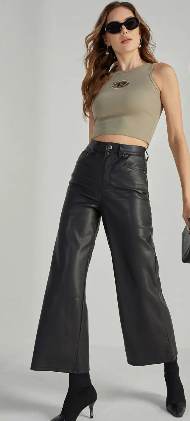 High Waist Wide-Leg Faux Leather Pants in Black