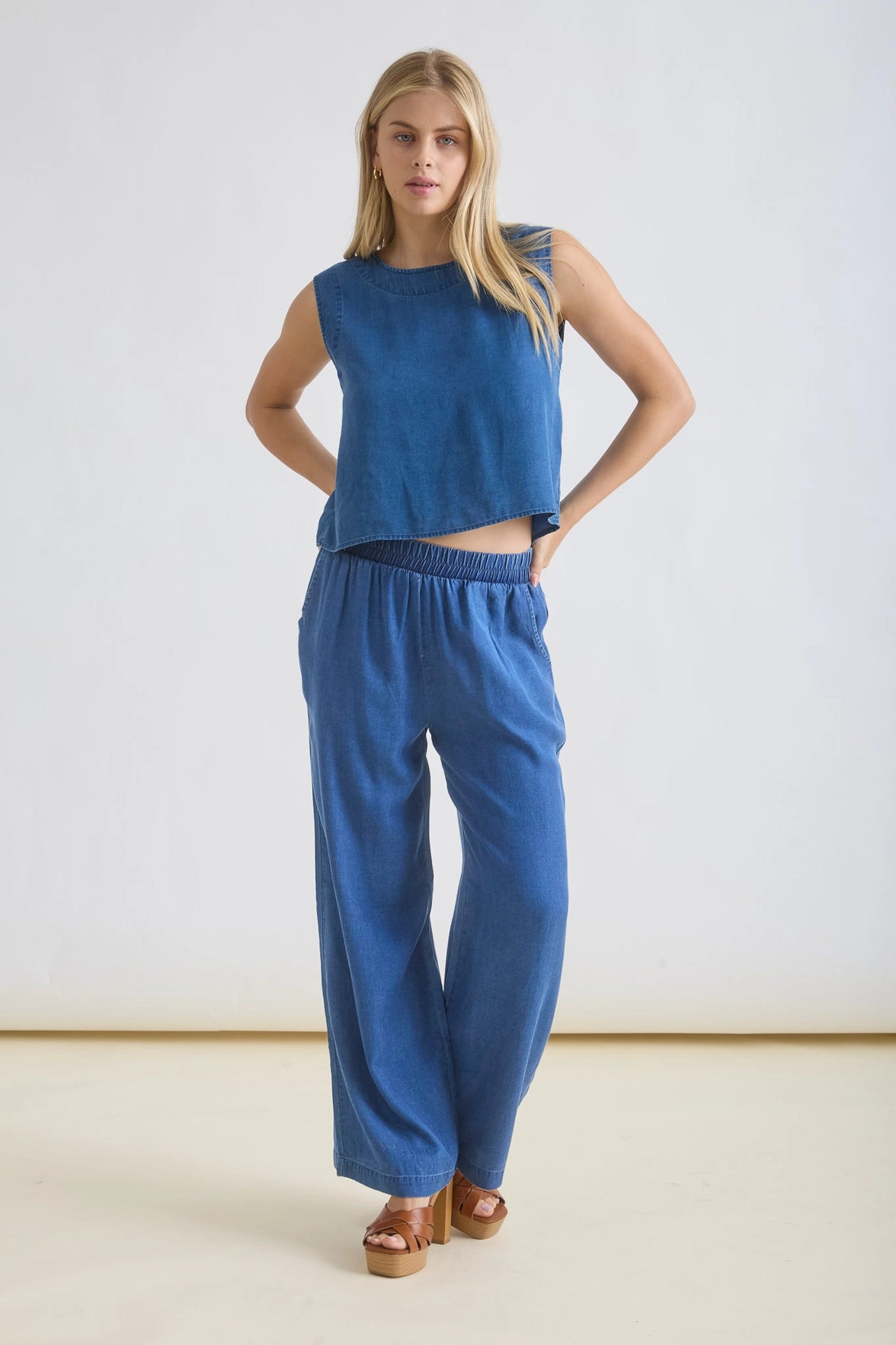 Chambray Elastic Wide Leg Pants