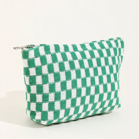 Large Plaid Wash Bag Cosmetic BAG- Green and White