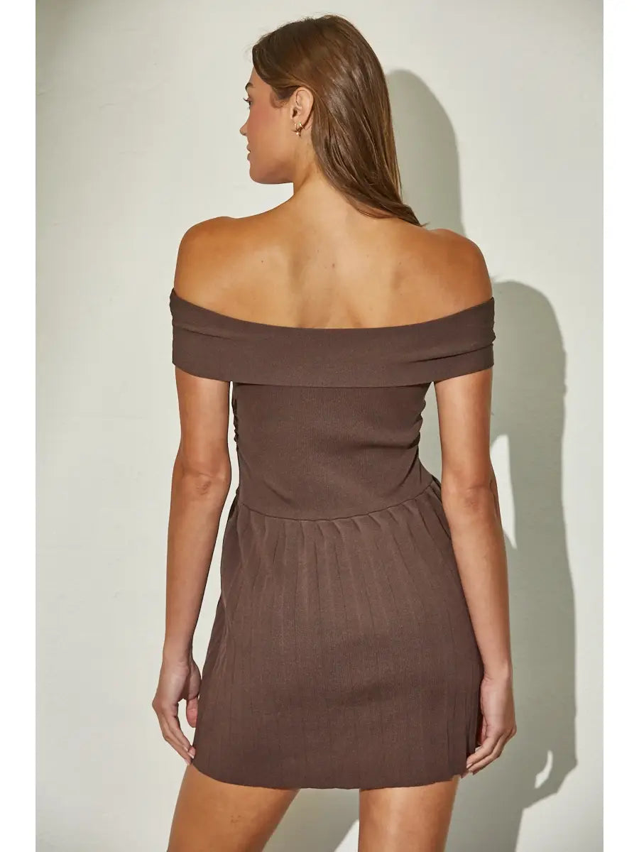 Off Shoulder Ribbed Knit Pleated Mini Dress