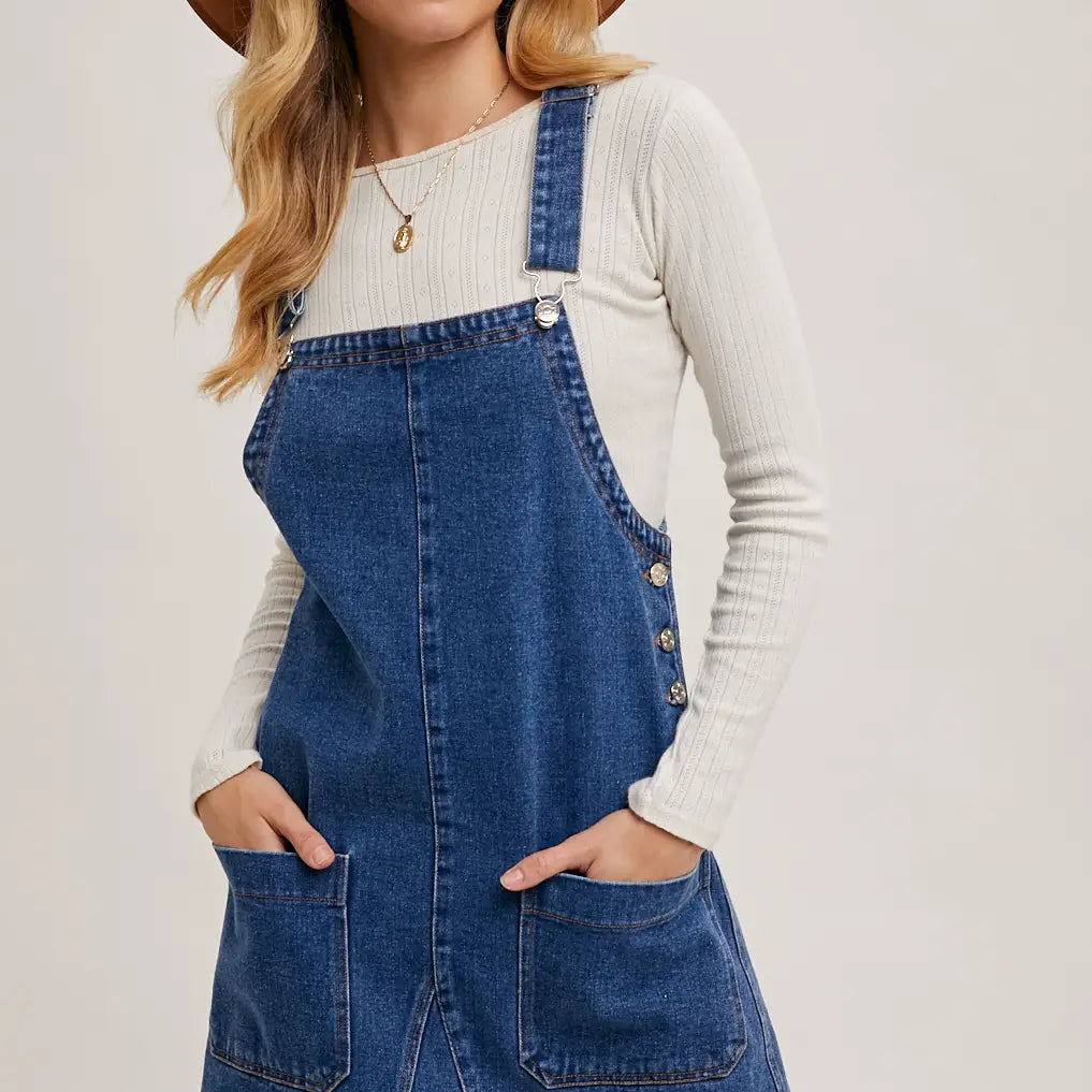 Denim Overall Mini Dress with Pockets