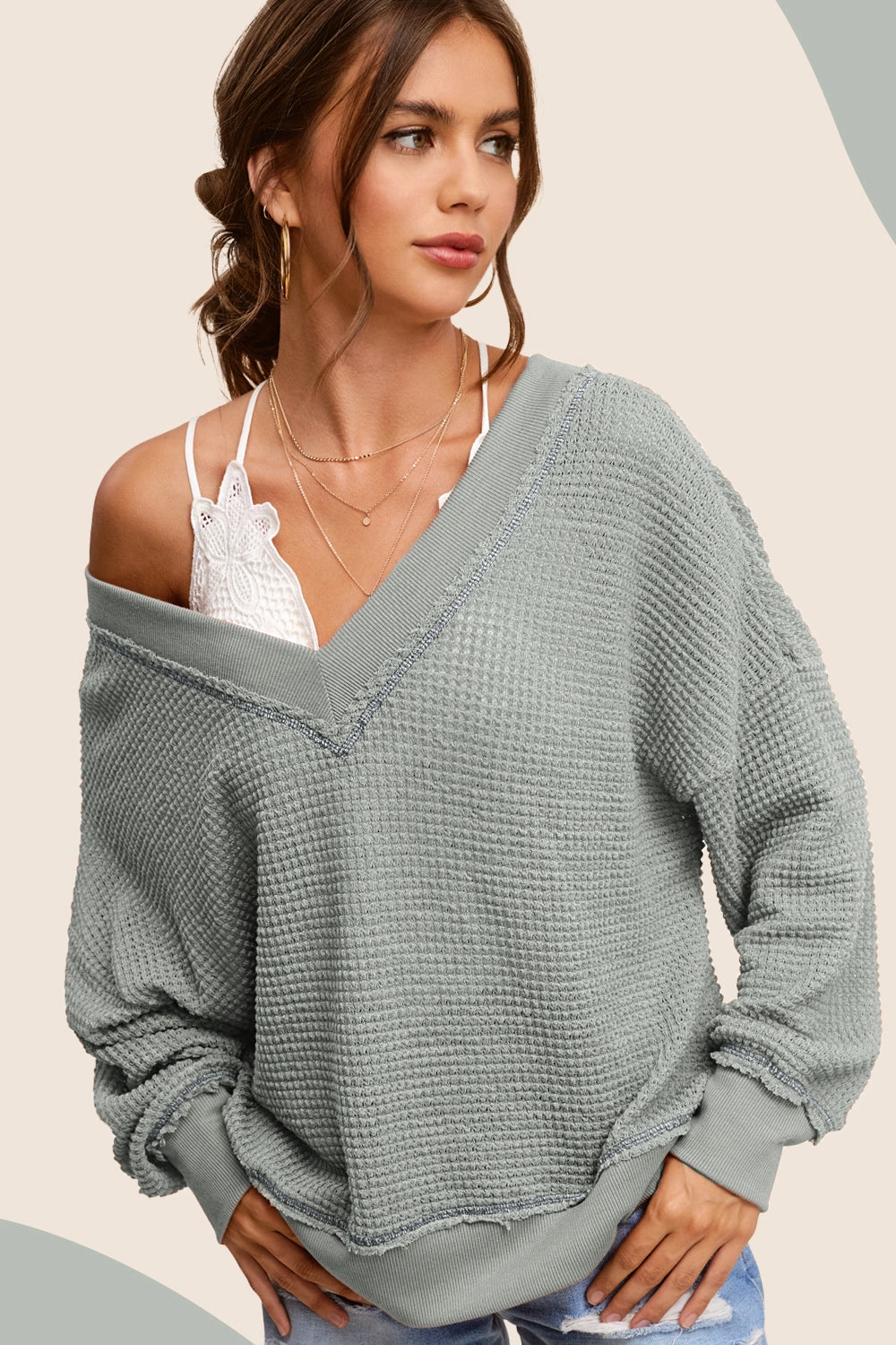 Loose Fit V-Neck Waffle Textured Long Sleeve Top