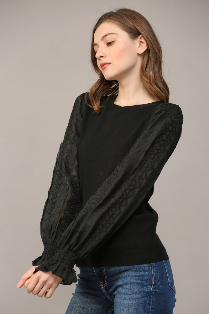 Contrast Woven Slv Crew Neck Sweater-Black