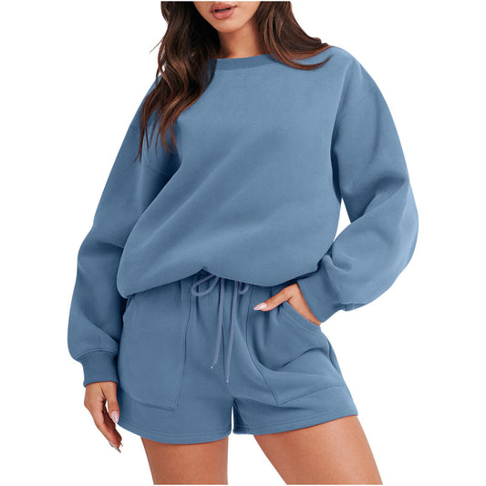 Sporty Crewneck Sweatshirt Tethered Shorts Set-Hazel blue