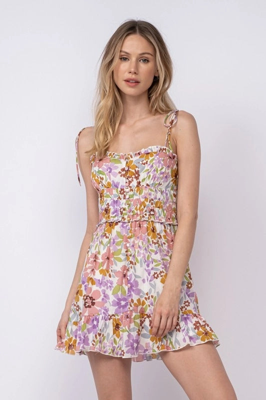 Floral Tie Strap Ruffle Trim Mini Dress