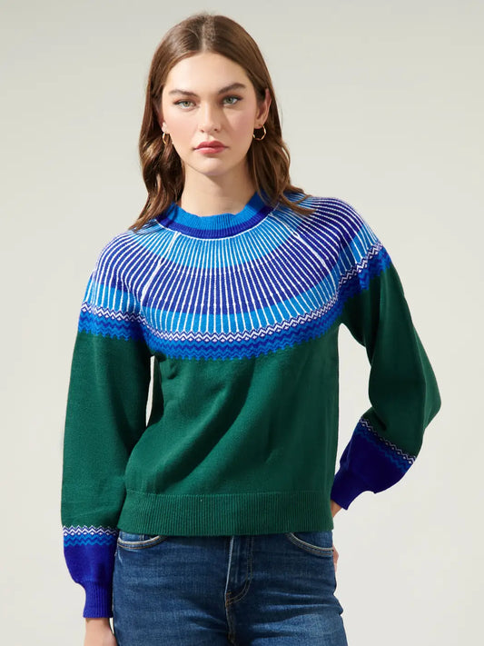 Lacey Way Round Neck Fair-Isle Sweater-Emerald Blue