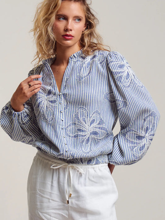 Petra Blue Striped Floral Embroidered Blouse